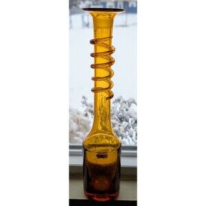 Vintage Amber Cadmium Reactive Art Glass Vase UV Glow Spiral Applied Glass MCM